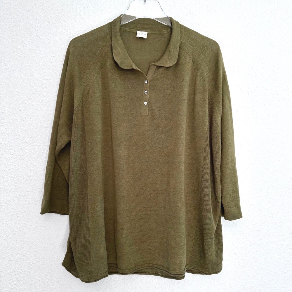 Poetry Polo Linen Knit Top Women 14 Olive Green Raglan 3/4 Sleeve Minimalist